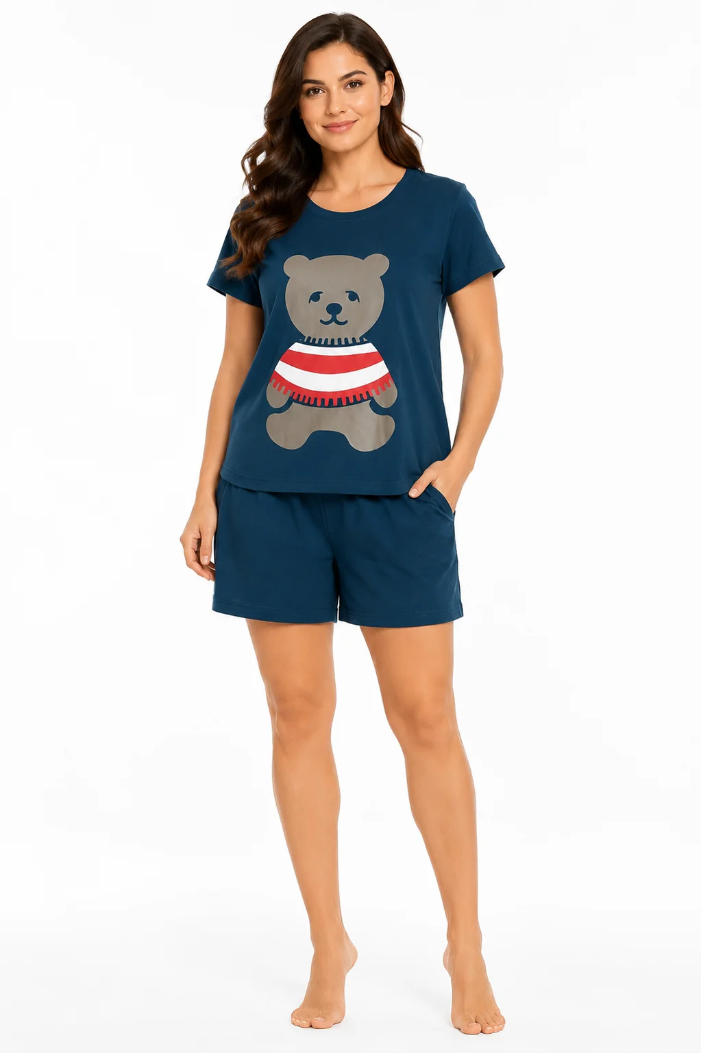 Women's Teddy Bear Print Nightwear Set – Dark Teal (Medium)