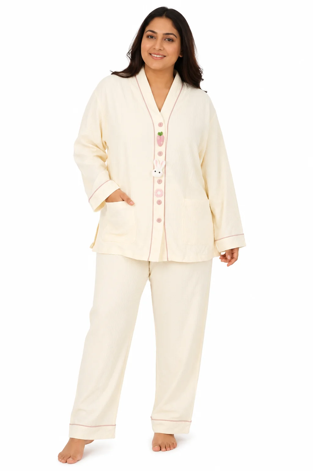 Premium Waffle Knit Bunny Detail Lounge Set – Cream White (XXL)