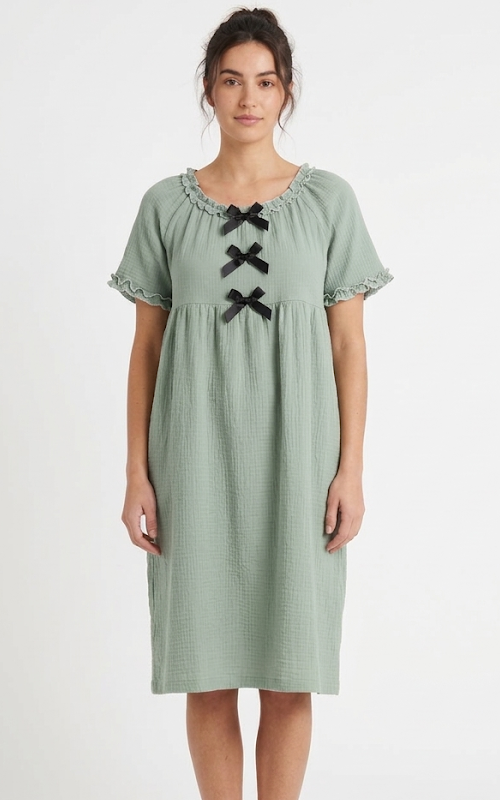 Sage Green Textured Ruffle-Hem Night Dress