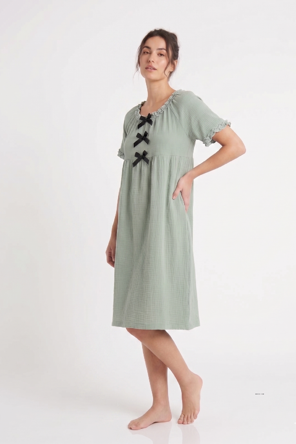 Sage Green Textured Ruffle-Hem Night Dress