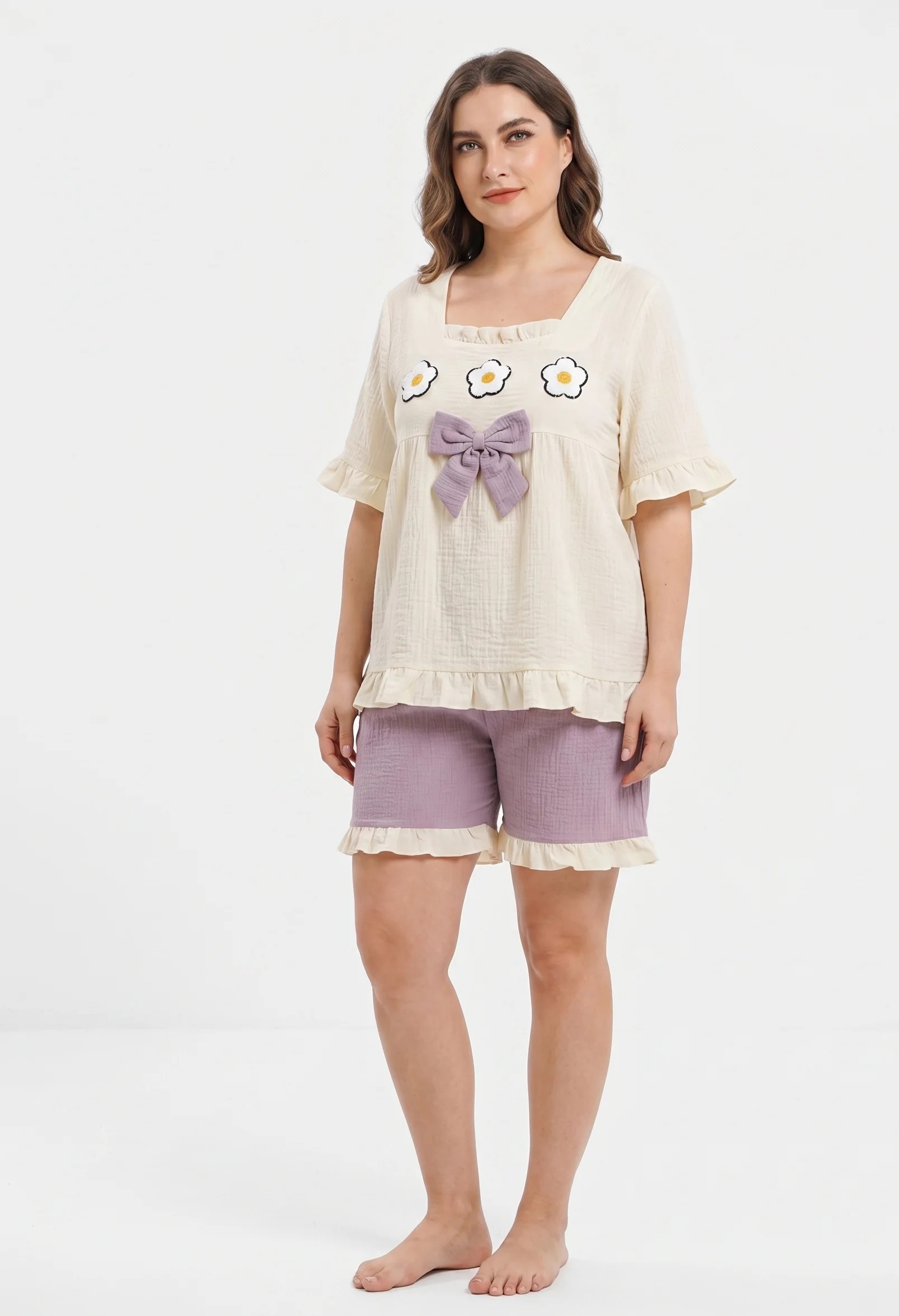 Women's Premium Cotton Night Suit Set – Floral Embroidered Top with Ruffle Shorts | Soft & Breathable Loungewear