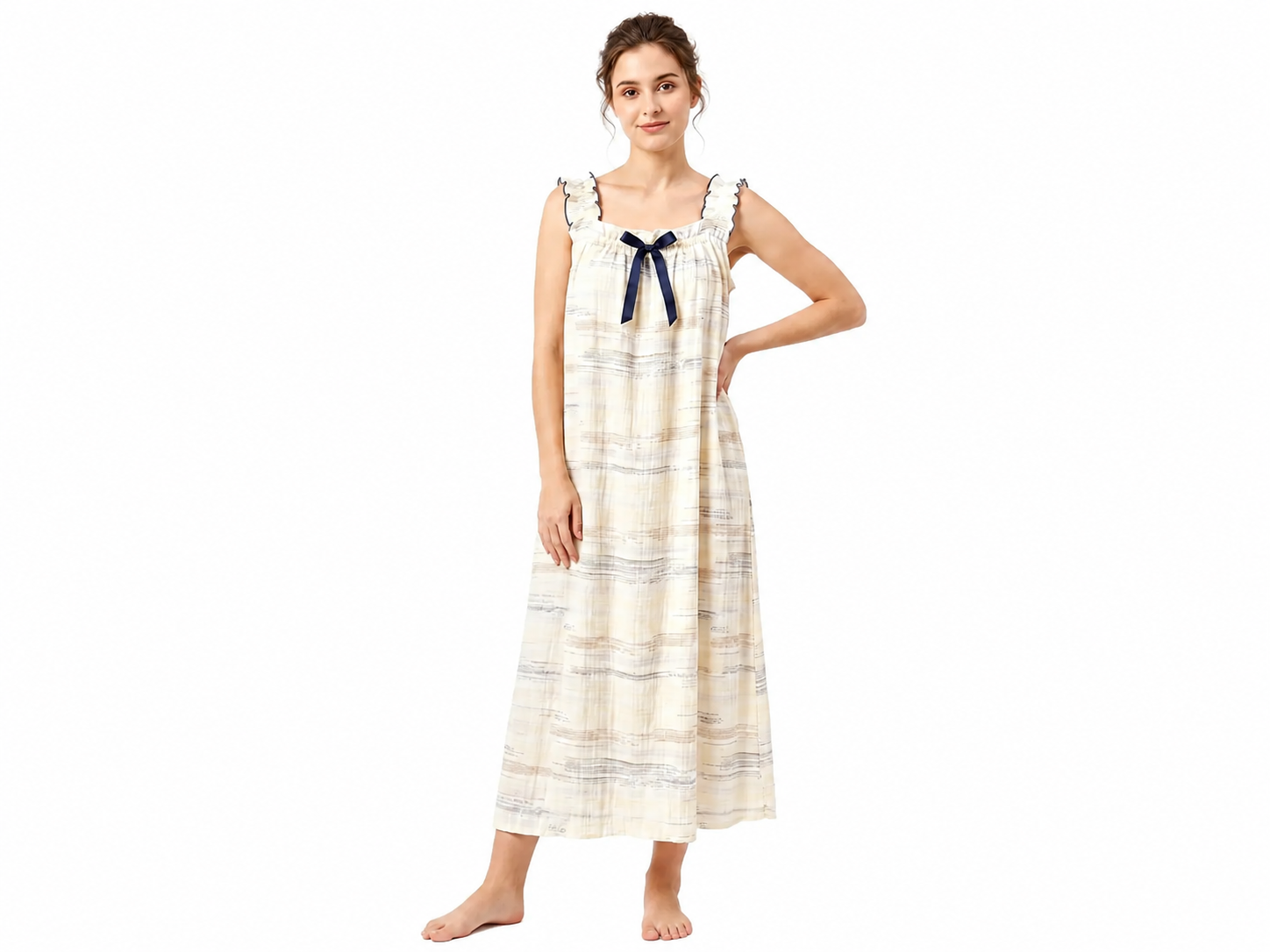 Women's Elegant Sleeveless Maxi Nightgown – Soft Cotton Sleep Dress with Ruffle Straps & Bow Detail