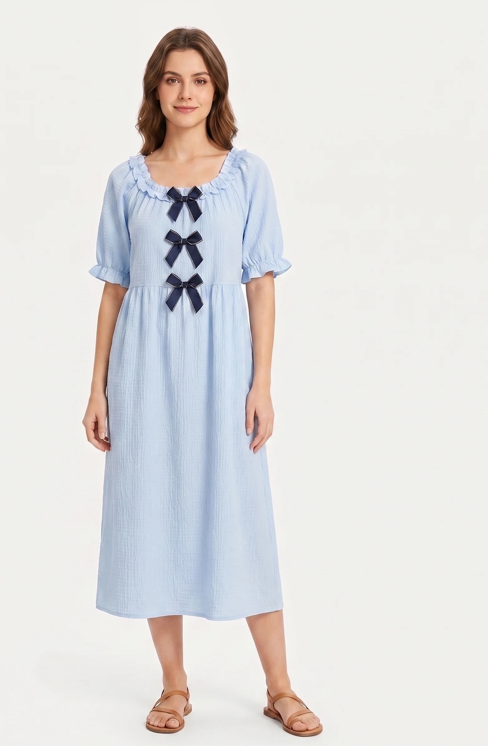 Sky Blue Bow-Detail Midi Nightgown – Soft Textured Loungewear
