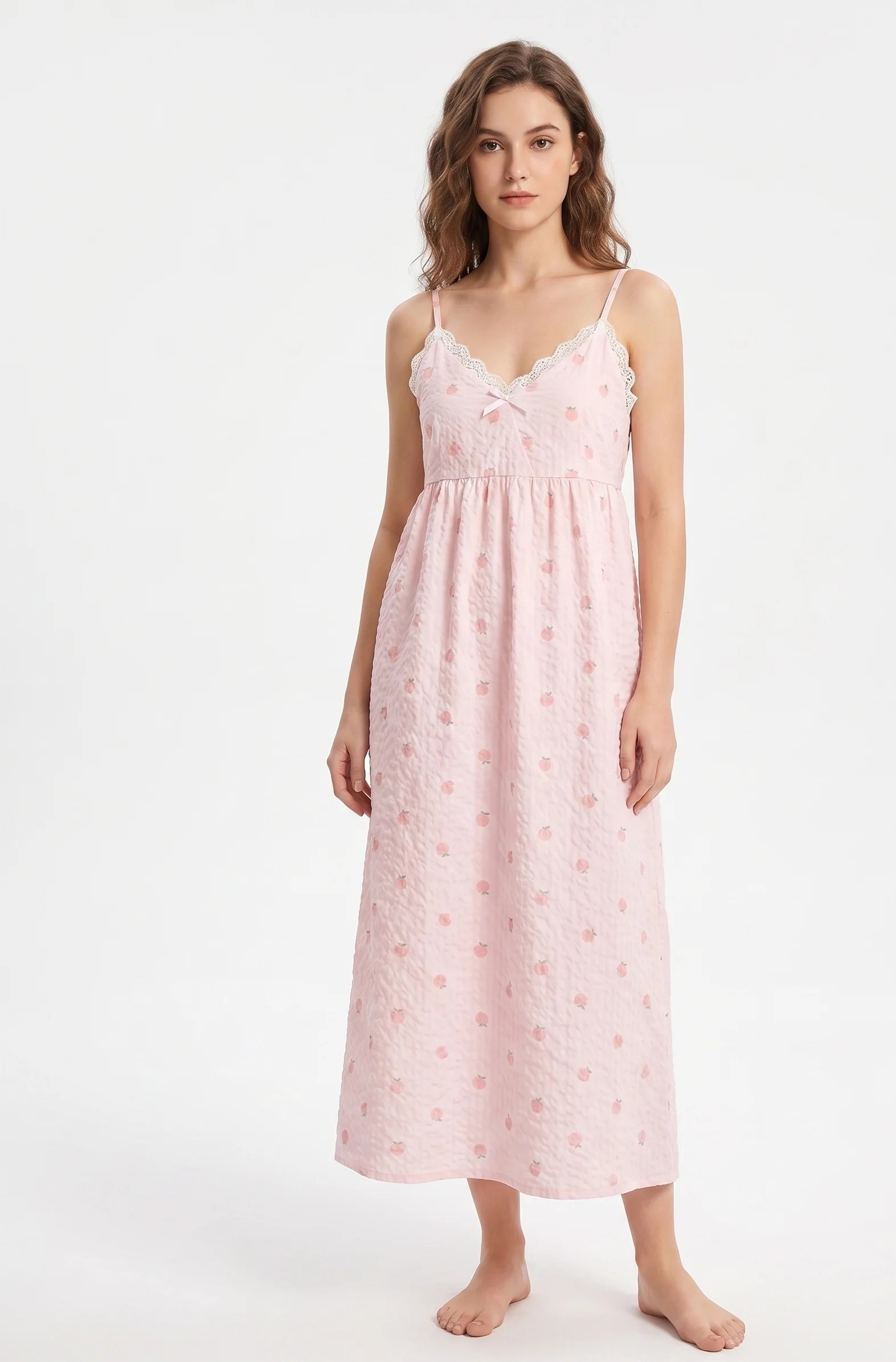 Women's Soft Pink Cotton Nightdress – Sleeveless Lace Trim Maxi Sleepwear
