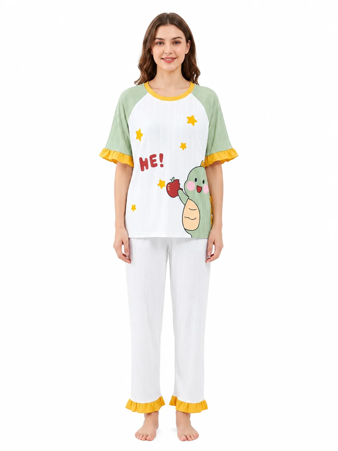 Women's Cute Cartoon Print Cotton Pajama Set – Soft Ribbed Short Sleeve Sleepwear with Full-Length Pants